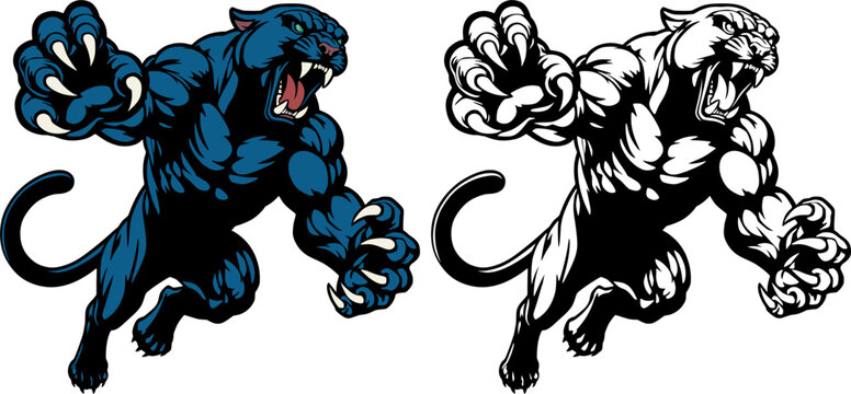 furious black panther with paws spread out in a jump