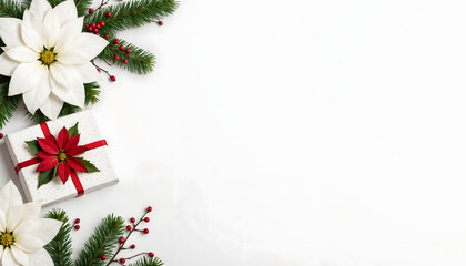 Christmas gift with white flowers poinsettia and green pine branches on a white background with copy space