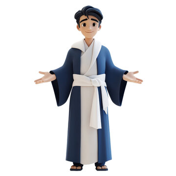 3D Render of a Welcoming Cartoon Asian Man in a Blue Robe