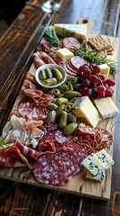 "A Variety of Cheese and Charcuterie Items Artistically Arranged, Featuring a Selection of Fine Cheeses, Meats, and Accompaniments for a Sophisticated and Flavorful Platter Presentation"

