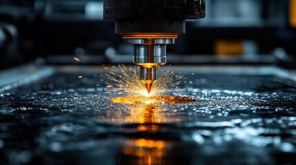 Close-up of a laser cutting metal with sparks flying.