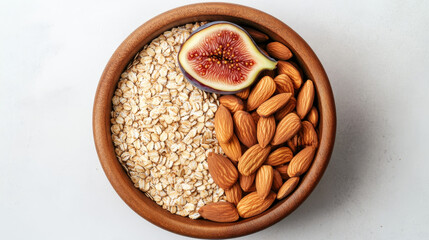 "Wholesome Grains: Oats, Figs, Sunflower Seeds, and Almonds in a Wooden Bowl"

