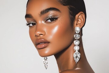 model with light, dewy skin, sleek pulled-back hair, glossy neutral lips, shimmering silver eyeshadow, and statement crystal earrings, against a plain white background