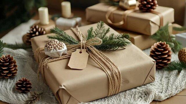 Wrapping Christmas gifts in recycled paper with natural twine, pinecones, and handmade tags, on a minimalist table. . 4K Video