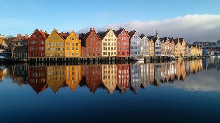 Fototapeta premium Colorful riverside houses reflected on the water under clear skies in a peaceful town