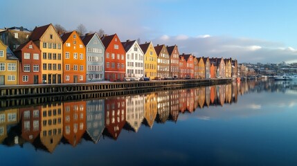 Fototapeta premium Colorful riverside houses reflected on the water under clear skies in a peaceful town