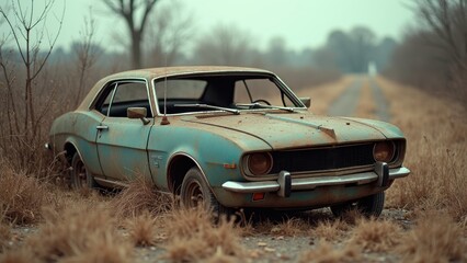 A classic car, weathered and rusty, sits idly on a grassy roadside surrounded by sparse trees and overgrown vegetation, illustrating its long abandonment