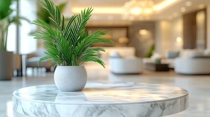 Fototapeta premium Closeup of a potted plant on a marble table in a modern living room.