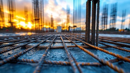 Close-up of a rebar mesh on a concrete foundation during construction with a sunset in the background.