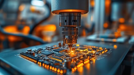 Close-up of a robotic arm soldering a circuit board during the manufacturing process.