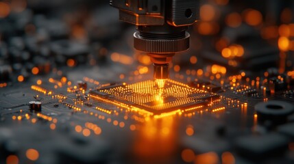 Closeup of a robotic arm soldering a microchip on a circuit board.