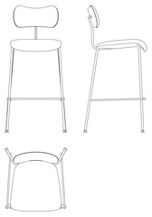 Bar Chair, Bar stool editable vector illustration on white background. chair Line art, clip art, Fancy Chair, Hand-drawn design elements with Front, Side, and Top Views