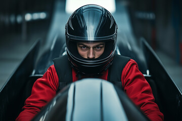 Racing driver wearing a helmet and red suit sitting in a race car cockpit, looking focused and determined in a dimly lit garage setting