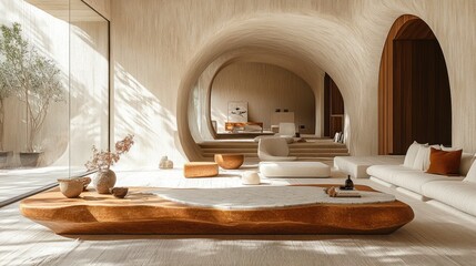 Here's a description and keywords for your image.. Sunlit minimalist living room with organic wood coffee table, arched walls, and neutral decor.