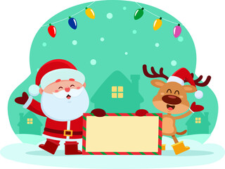 Cute Santa Claus And Reindeer Cartoon Characters Holding A Blank Sign