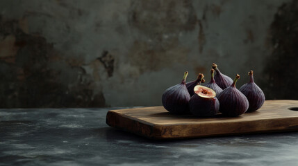 "Ripe Figs: A Rich, Low-Key Display on a Wooden Board"

