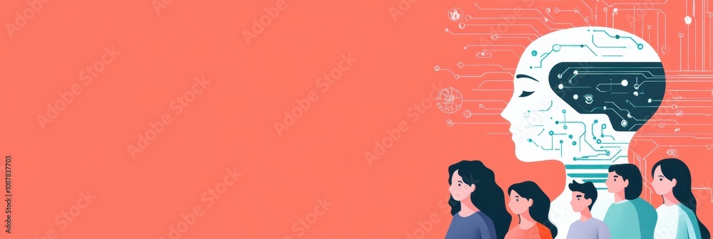 Poster A diverse group of individuals stands together, observing an abstract AI system that represents technological advancement and creativity. Generative AI