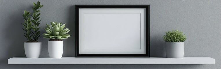 Blank minimalist picture frame on shelf with clean, modern interior design