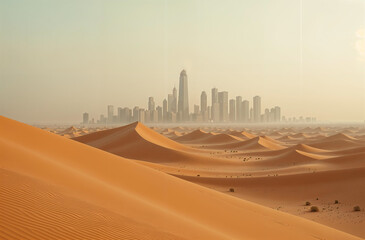 view of the metropolis from the desert. desert sands swallow the big city, gradually covering everything with sand. nature takes its toll