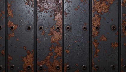 Rusted metal panels with rivets and industrial texture.