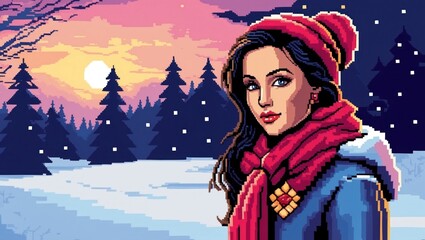 Wallpaper, beautiful woman in christmas outfit in winter landscape, pixel art style