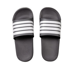 Gray rubber slippers cutout. Pair of slide sandals isolated on white background. Comfortable beach...