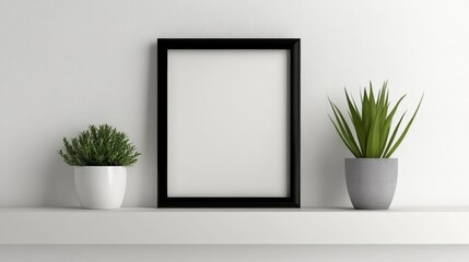 Fototapeta premium Blank minimalist picture frame on shelf with clean, modern interior design