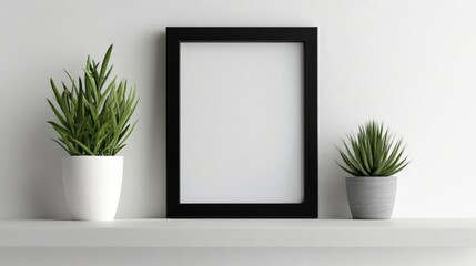 Blank minimalist picture frame on shelf with clean, modern interior design