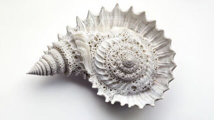 Obraz premium A white seashell with intricate details on a white background.