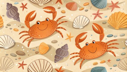 Beach pattern with crabs, shells, and starfish