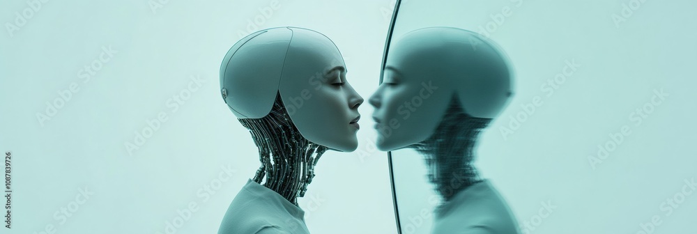 Aufkleber A person stares into a digital mirror displaying a lifelike robot, showcasing the blend of human and artificial intelligence in a modern space. Generative AI