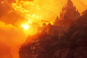 Temple Silhouette Bathed in Sunset's Glow