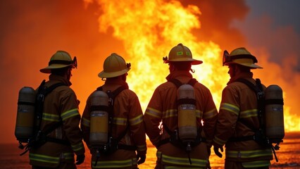 Naklejka premium Four firefighters stand united, equipped for action, as flames illuminate the night sky behind them. Their focus demonstrates courage amidst a dangerous fire situation