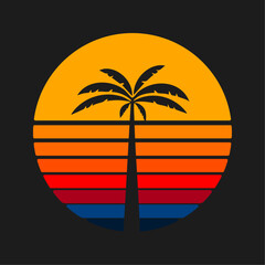retro tshirt design, colorful sunset with palm tree silhouette, black background