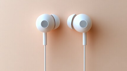 Stylish Minimalist White Earbuds Positioned Aesthetically on a Soft Pastel Beige Background Ideal for Music and Tech Enthusiasts