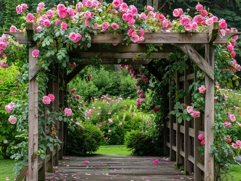 Verdant Pergola Embraced by Climbing Roses