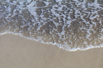 A foamy ocean wave gently meets the sandy shoreline, creating intricate patterns and textures in the sunlight, perfect for coastal or nature themes.
