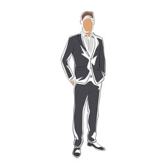 Business man standing in dark suit, line art, isolated vector drawing illustration of business person, front view