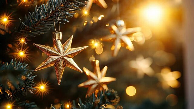 Golden starburst ornaments catching the light on a beautifully decorated Christmas tree, each starburst radiating with warmth and elegance. . 4K Video