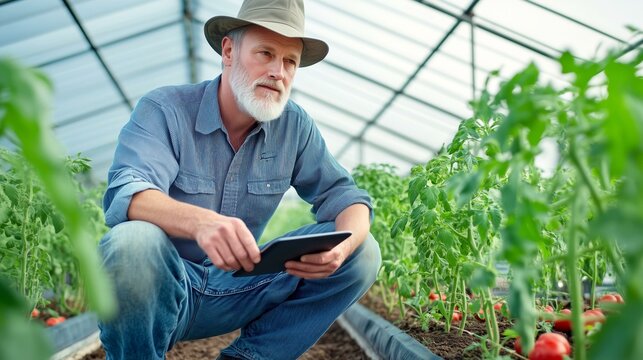 Senior farmer using digital tablet in greenhouse for sustainable agriculture