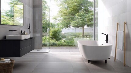 Fototapeta premium Modern bathroom featuring a freestanding tub, shower, and large windows overlooking greenery.