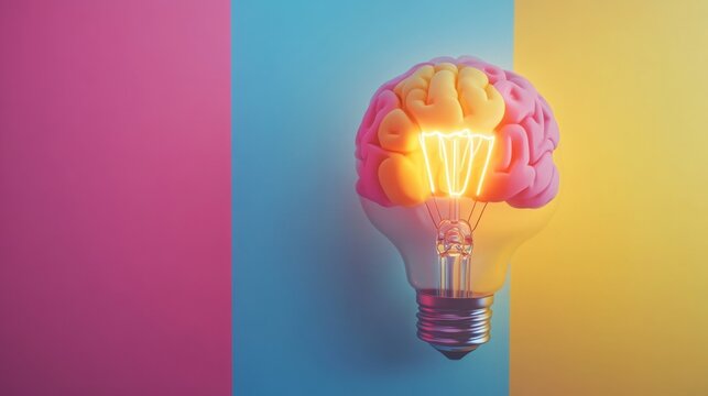 A vibrant light bulb with a pink brain design illuminates a colorful background of pink, blue, and yellow, showcasing creativity and innovation.