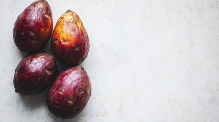 Fresh and organic sweet potatoes and exotic root vegetables on minimalistic backgrounds, isolated with decorative floral elements, showcasing earthy textures and vibrant colors.