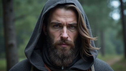 The figure, dressed in a dark cloak, stands in a misty forest, with long hair and a full beard, exuding a sense of intrigue and calm amidst the nature