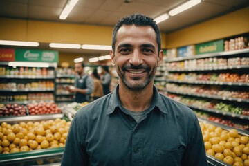 Close portrait of a smiling 40s Algerian male grocer standing and looking at the camera, Algerian grocery store blurred background