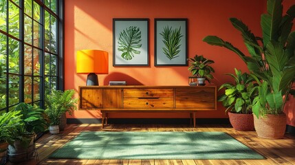 Sunlit mid-century modern living room with plants, orange wall, and wooden sideboard.