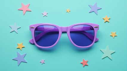 Colorful purple sunglasses resting on a vibrant blue background with playful star decorations