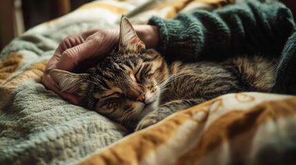Pet care specialist comforting cat in cozy home environment
