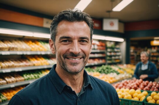 Close portrait of a smiling 40s Andorran male grocer standing and looking at the camera, Andorran grocery store blurred background