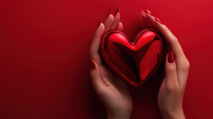 A pair of hands with red nails gently cradles a shiny red heart against a vibrant red background, symbolizing love and care.